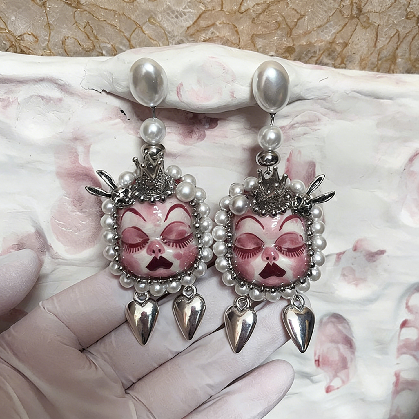 Pink Crown Bunny Heart Freak Baby Earrings