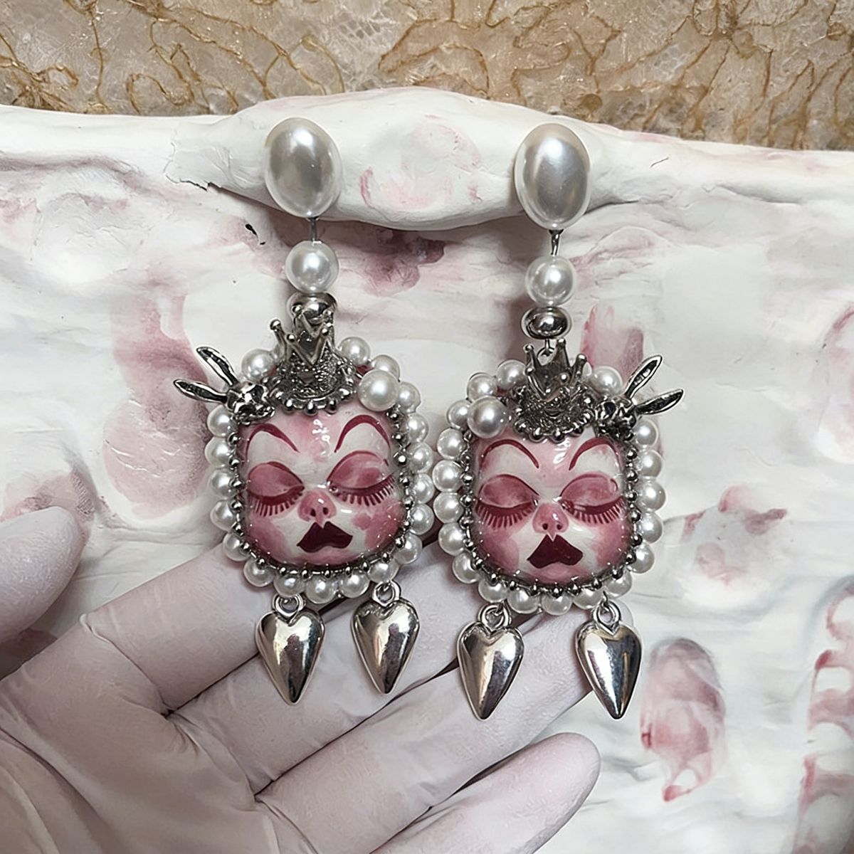 Pink Crown Bunny Heart Freak Baby Earrings