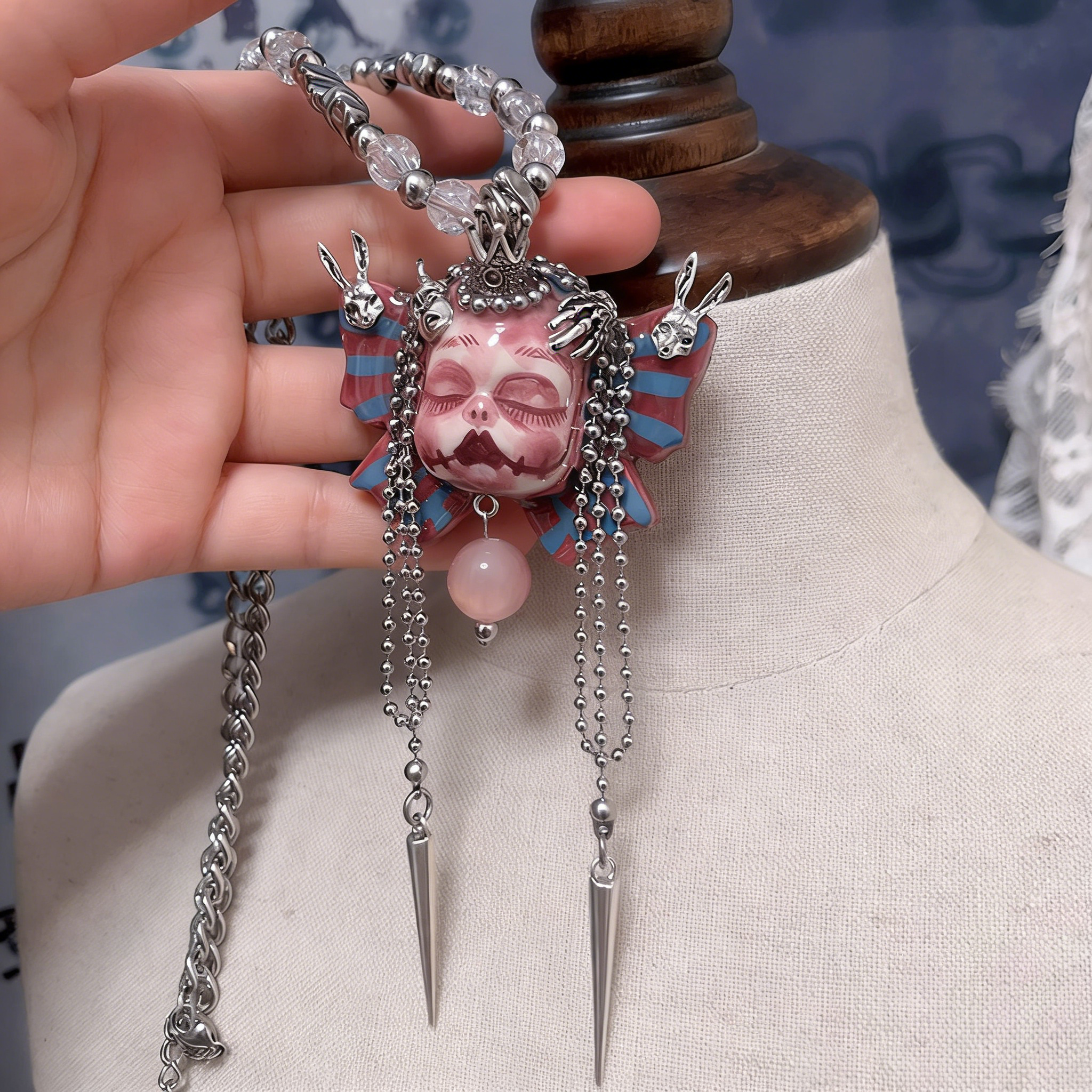Butterfly Crown Slumber Gothic Doll Necklace Beaded Chain