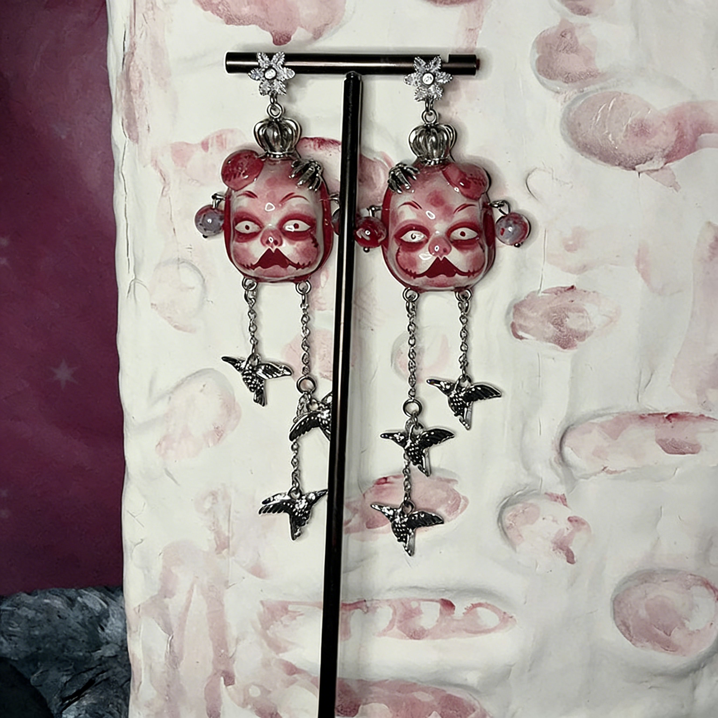 Red Crown Claw Bird Freak Baby Earrings