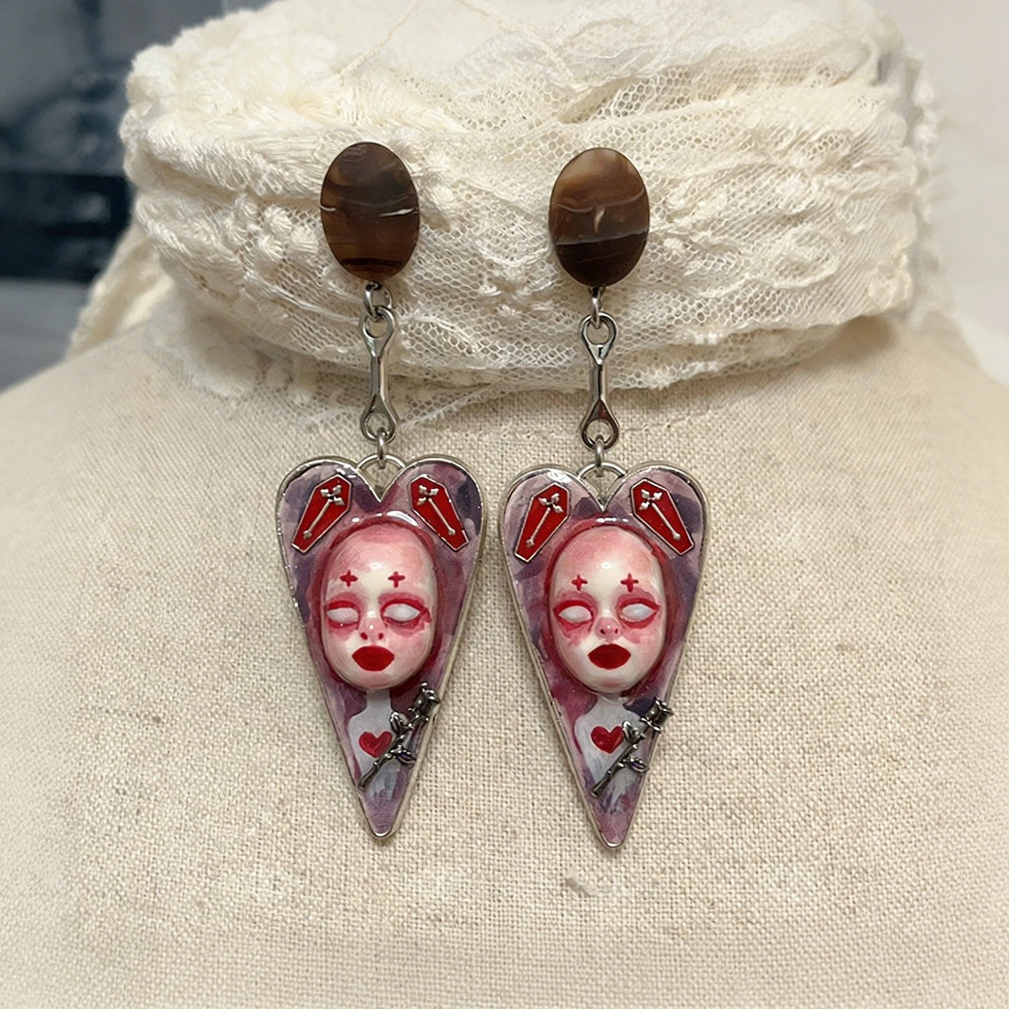 Bloody Coffin Rose Heart Earrings
