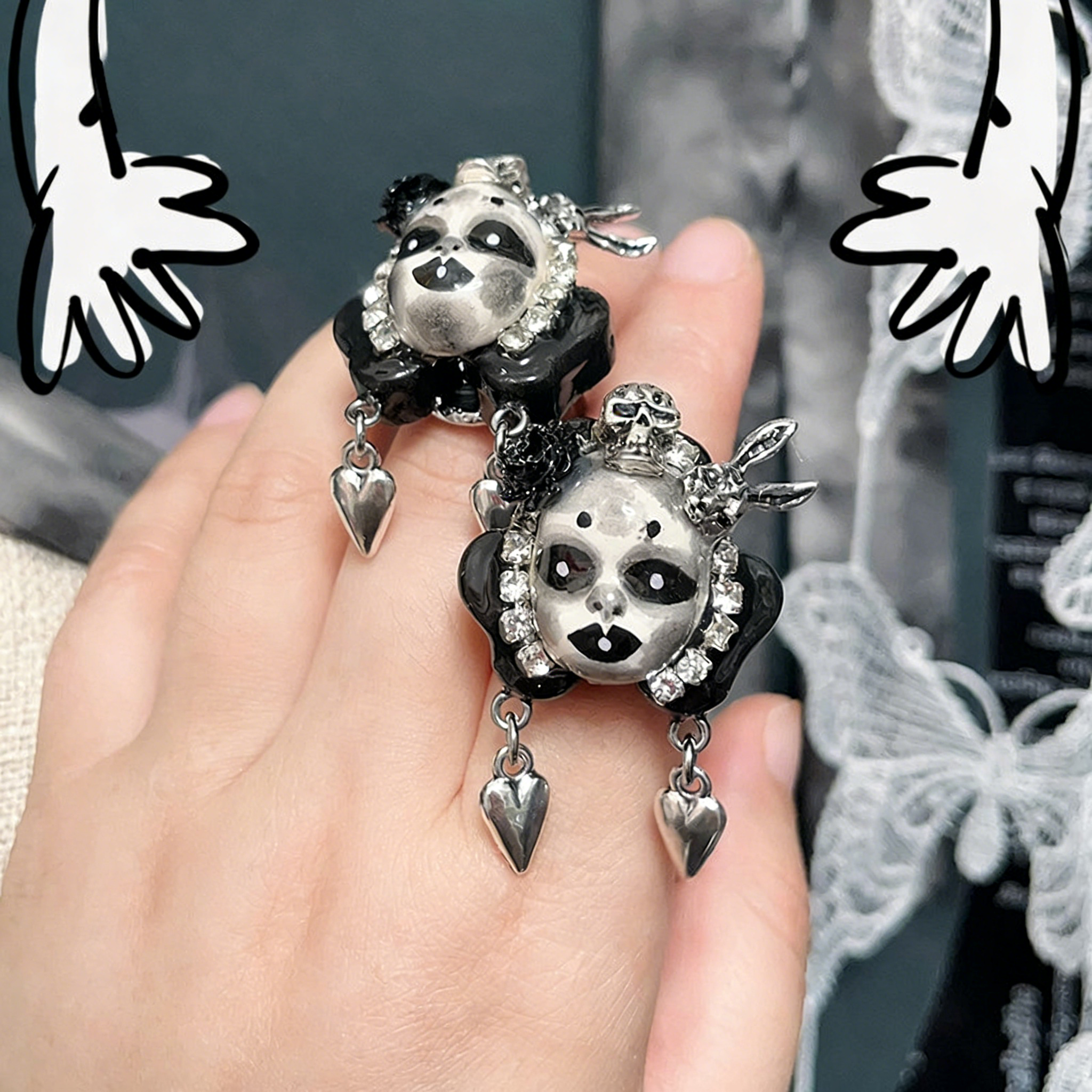 Black and White Skull Bunny Rose Ring