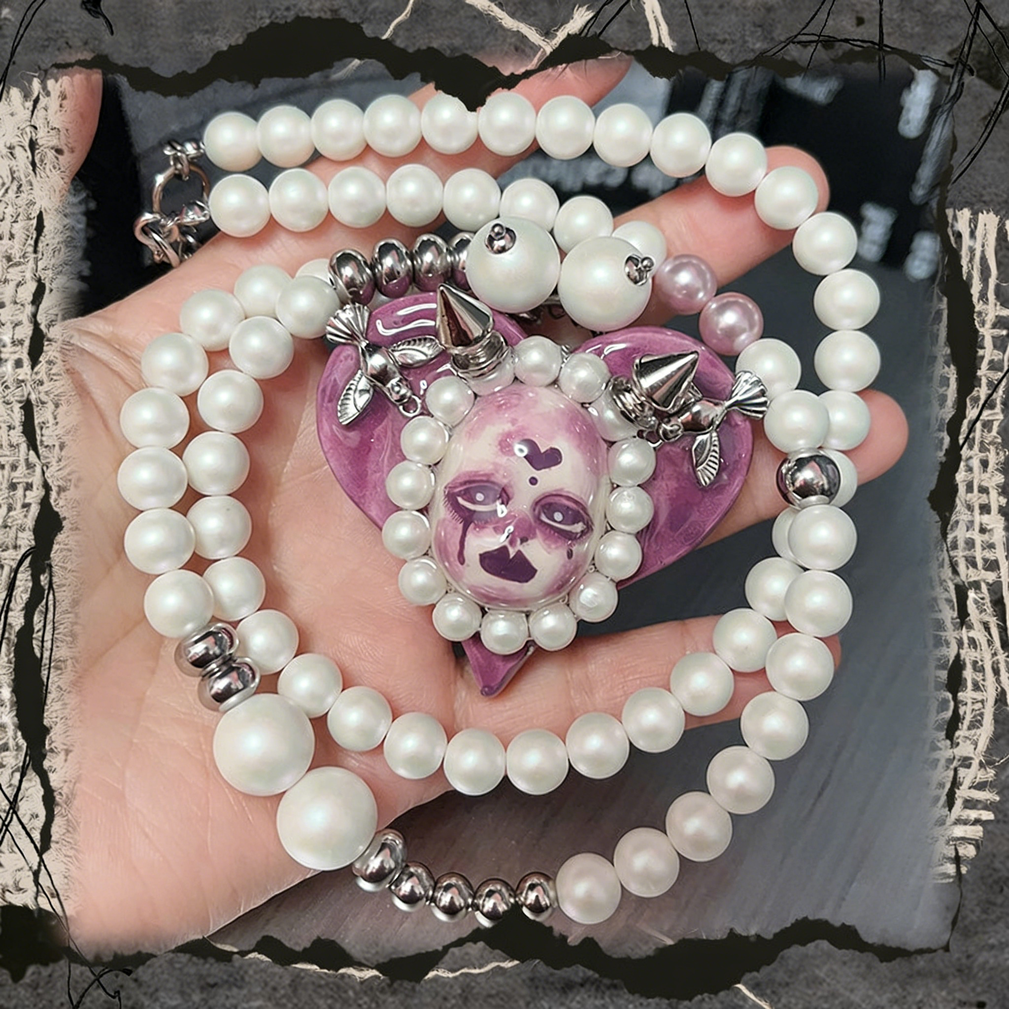 Violet Heart Pearl Nightmare Gothic Doll Necklace