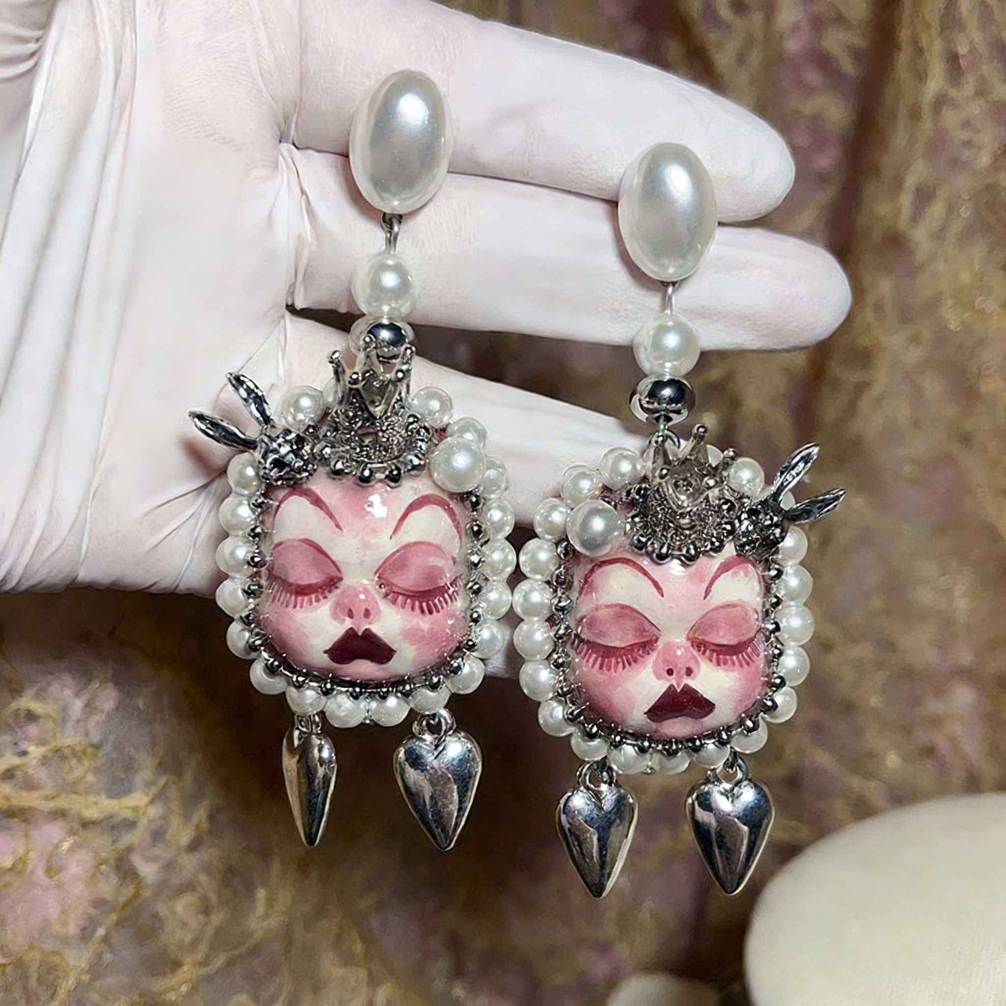 Pink Crown Bunny Heart Freak Baby Earrings