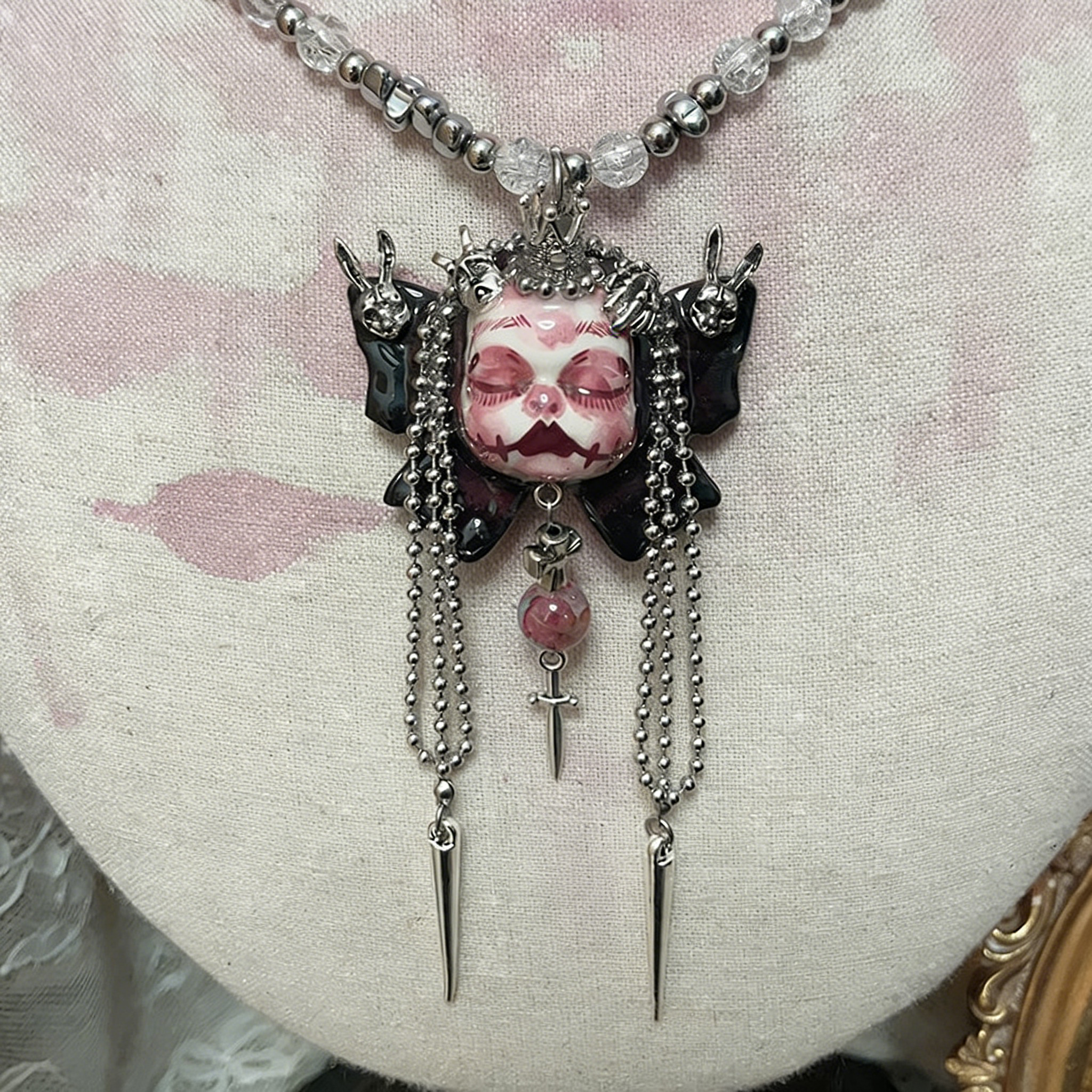Pink Nightmare Butterfly Crown Gothic Doll Necklace