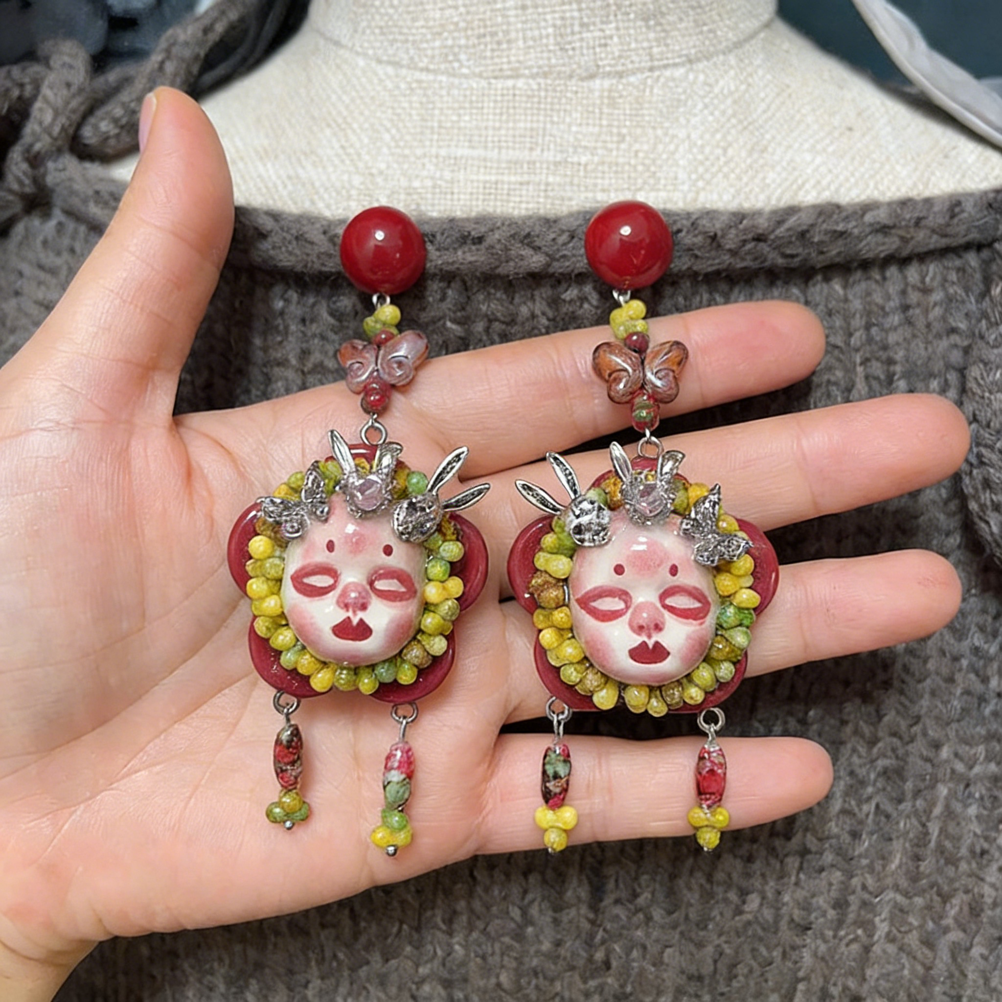 Red Butterfly Bunny Ear Freak Baby Earrings