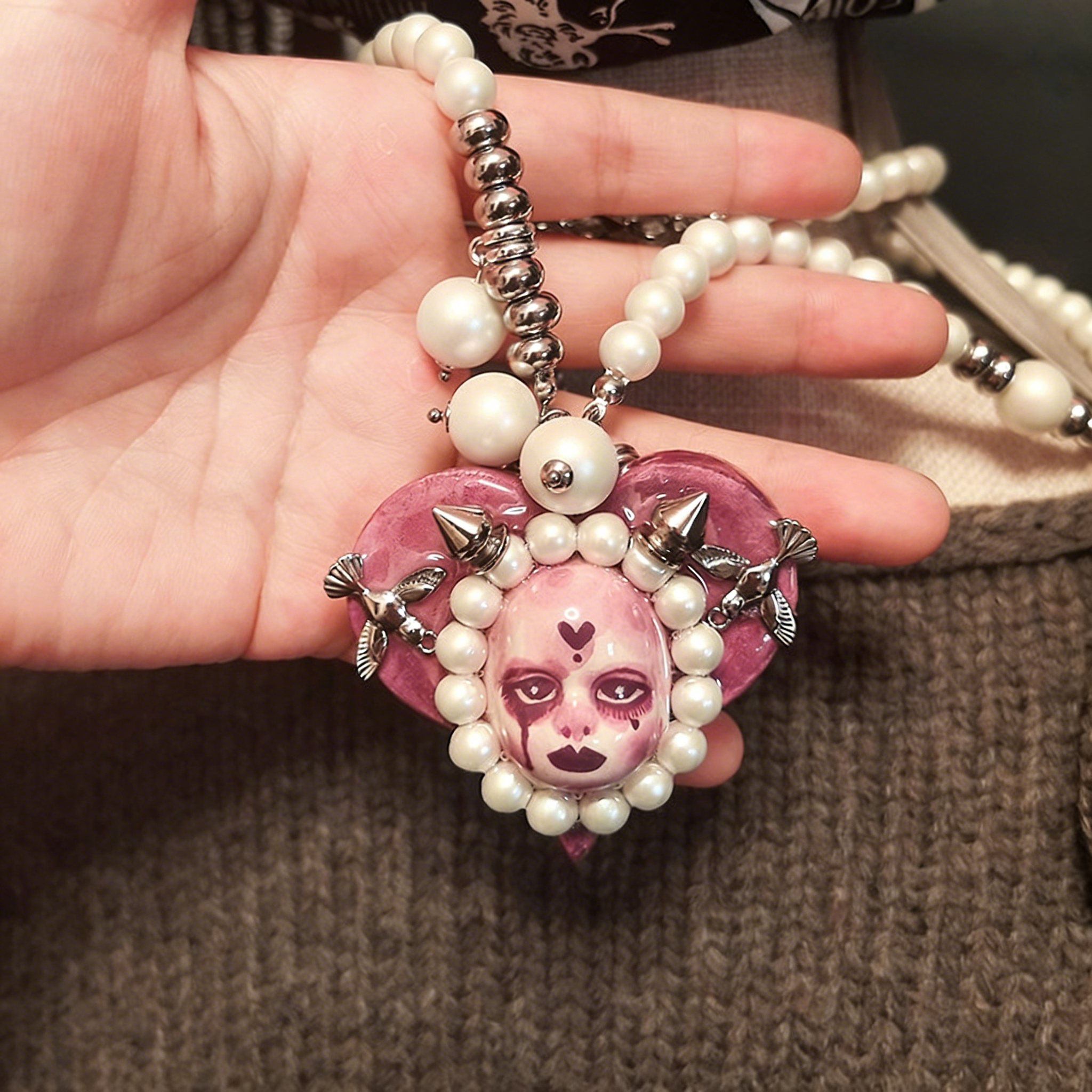 Violet Heart Pearl Nightmare Gothic Doll Necklace