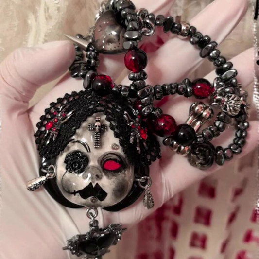 Blood Red Eye Vampire Black Lace Doll Face Necklace