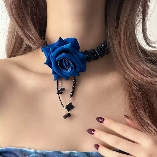 Blue Rose Beaded Clavicle Necklace