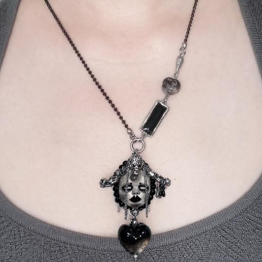 Dark Gothic Skull Doll Cross-Heart Necklace