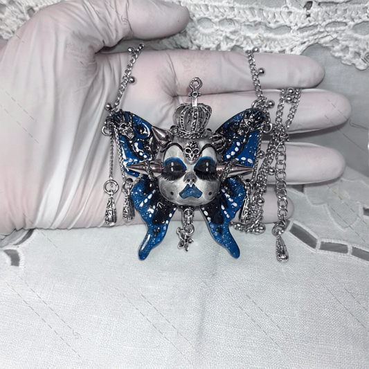 Dark Grunge Punk Aesthetic Blue Butterfly Skull Face Necklace
