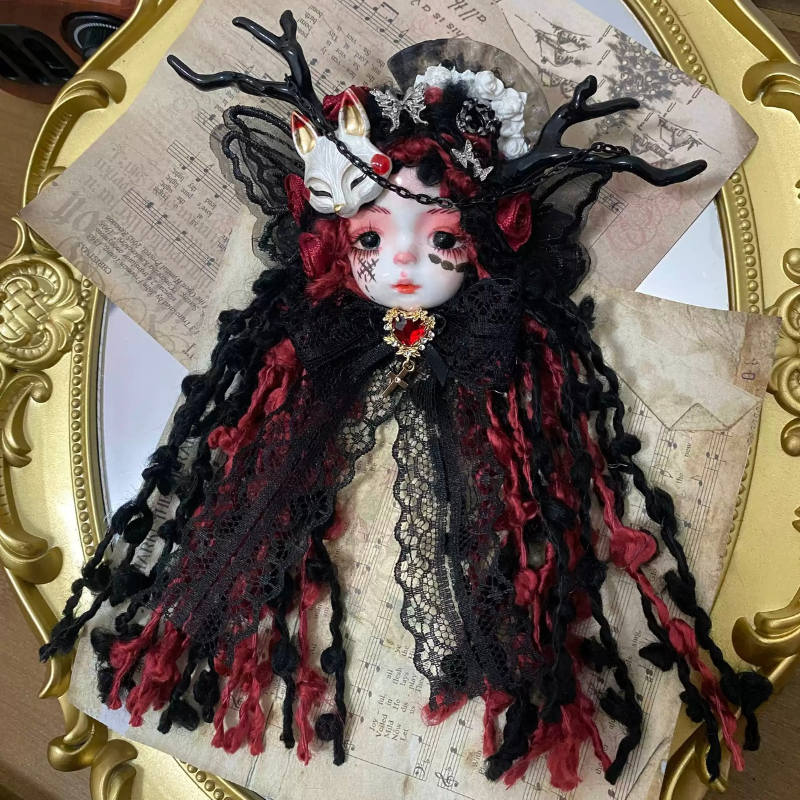 Dark Red Braids And Black Antler Kitsune Art Doll Brooch