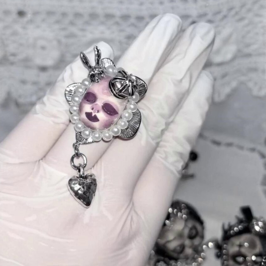 Dusty Lavender Pearl-Bordered Crowned Doll Dangling Heart Ring