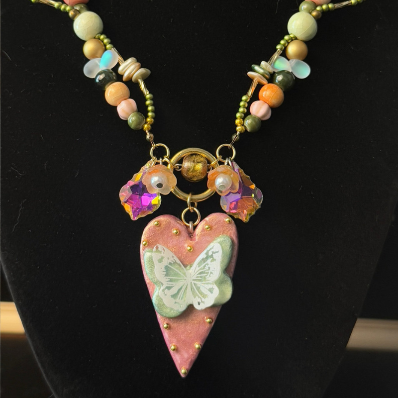 Fairycore Green Butterfly & Pink Heart Pendant Necklace