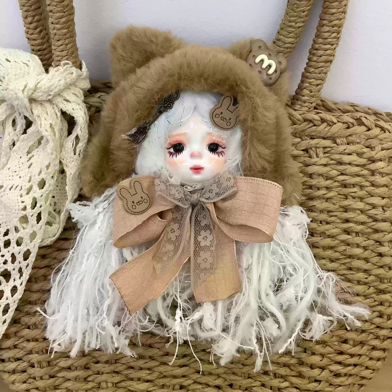Fluffy Teddy Bear Hood And White Fringe Art Doll Brooch