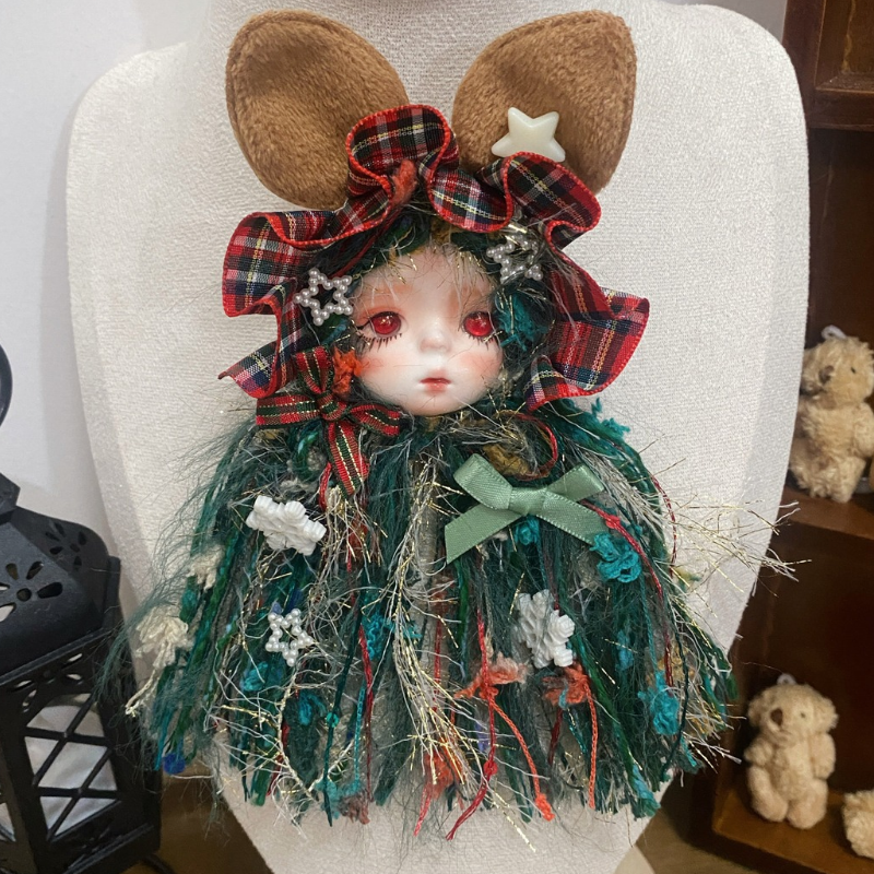 Forest Green Hair And Red Plaid Bonnet Bear Art Doll Brooch
