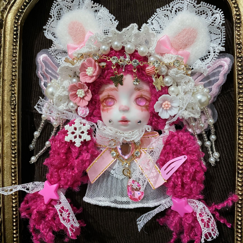 Fuchsia Fluffy Bunny Art Doll Brooch