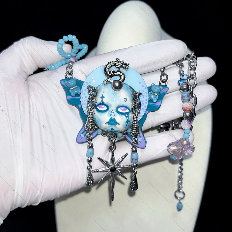 Gothic Celestial Dragon Doll Face Butterfly Pendant Necklace