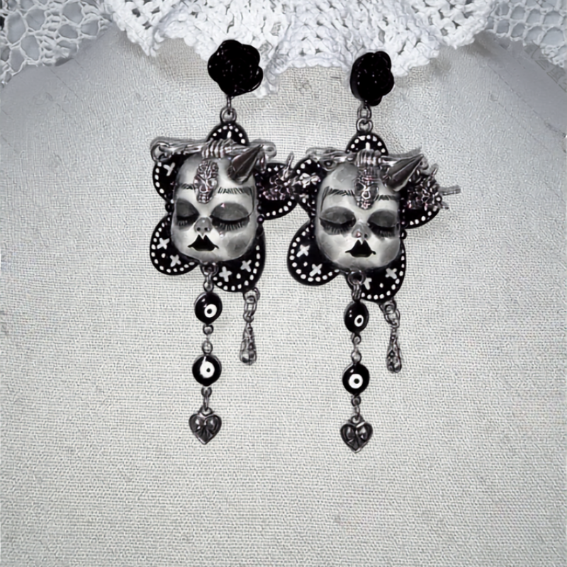 Gothic Horned Doll Evil Eye Dangle Earring