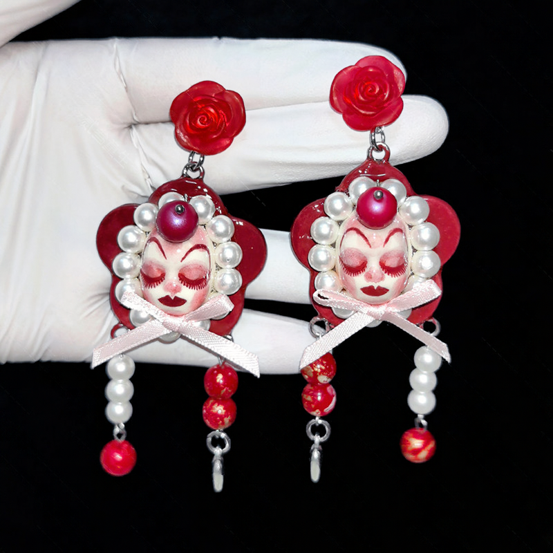 Gothic Red Rose Doll Face Pearl Bow Dangle Earring