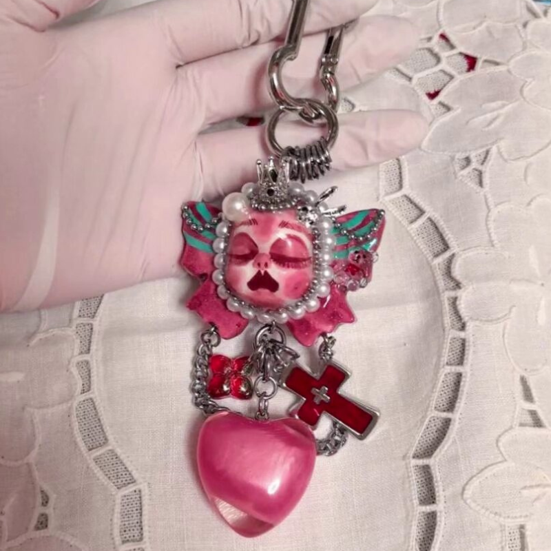 Handcrafted Gothic Doll Face Pink Cross Bag Charm Keychain