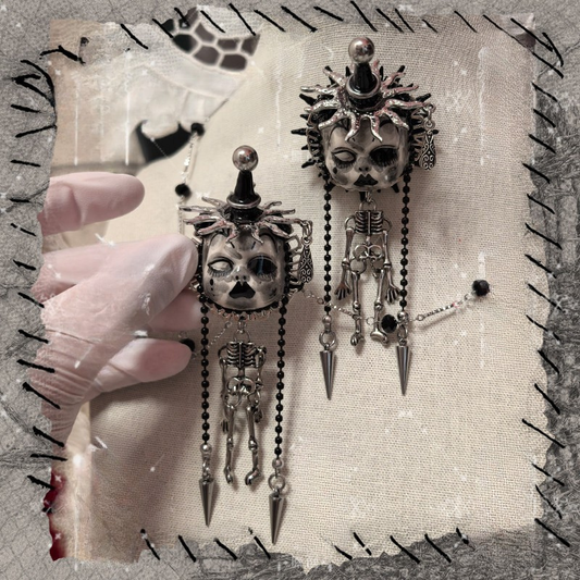 Jester Hat Doll Face With Skeleton Brooch