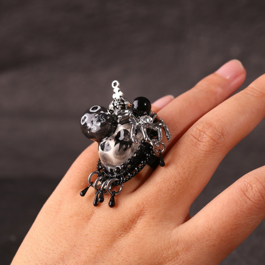 Jet Black Gothic Crown Masked Dolll Ring
