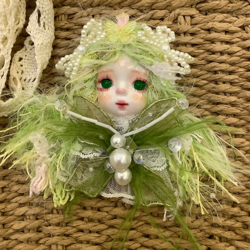 Lime Green Hair And Pearl Ribbon Leaf Art Doll Brooch