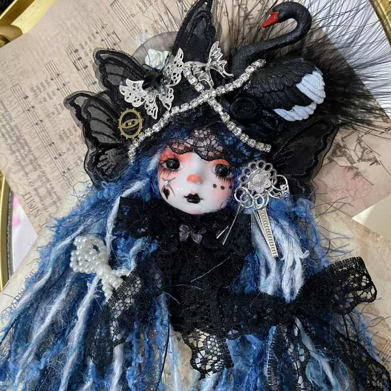 Midnight Blue Hair And Black Swan Gothic Art Doll Brooch