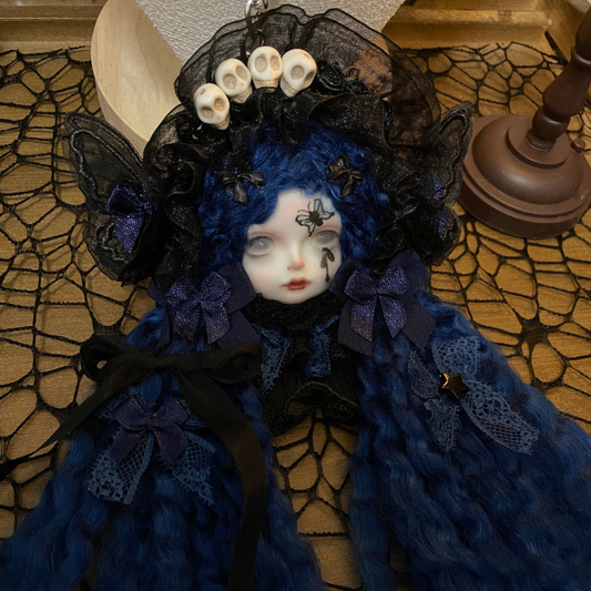 Midnight Blue Waves And Skull Bonnet Gothic Art Doll Brooch
