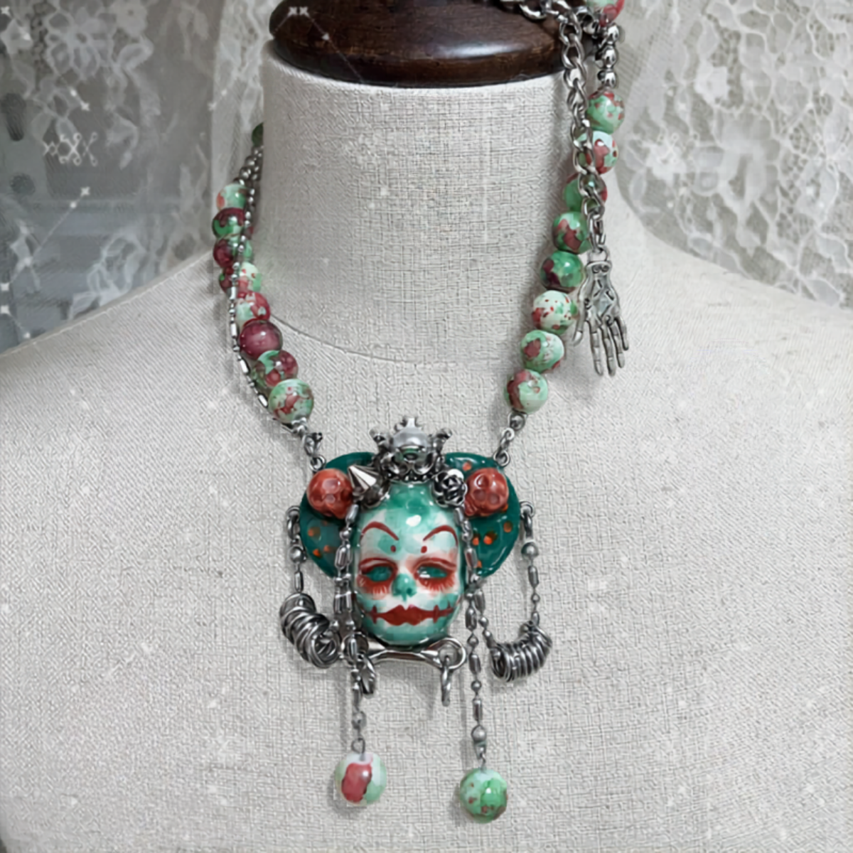 Mint Green Stone Clay Whimsigoth Jester Face Necklace