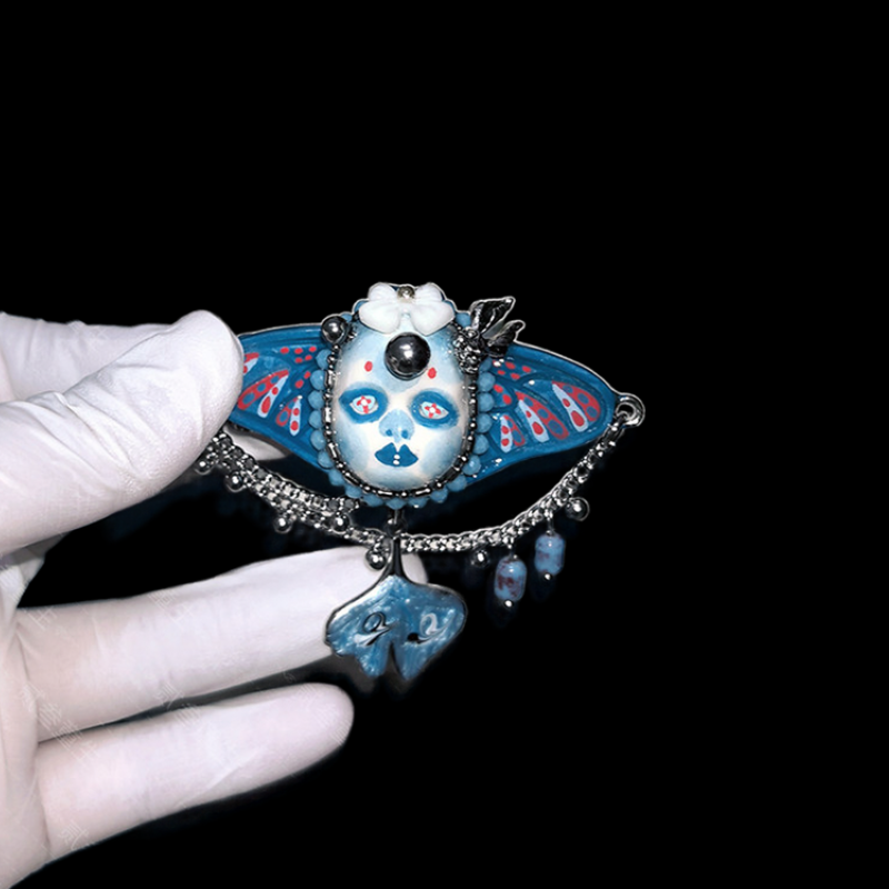Mystical Blue Butterfly Mask Enamel Statement Brooch