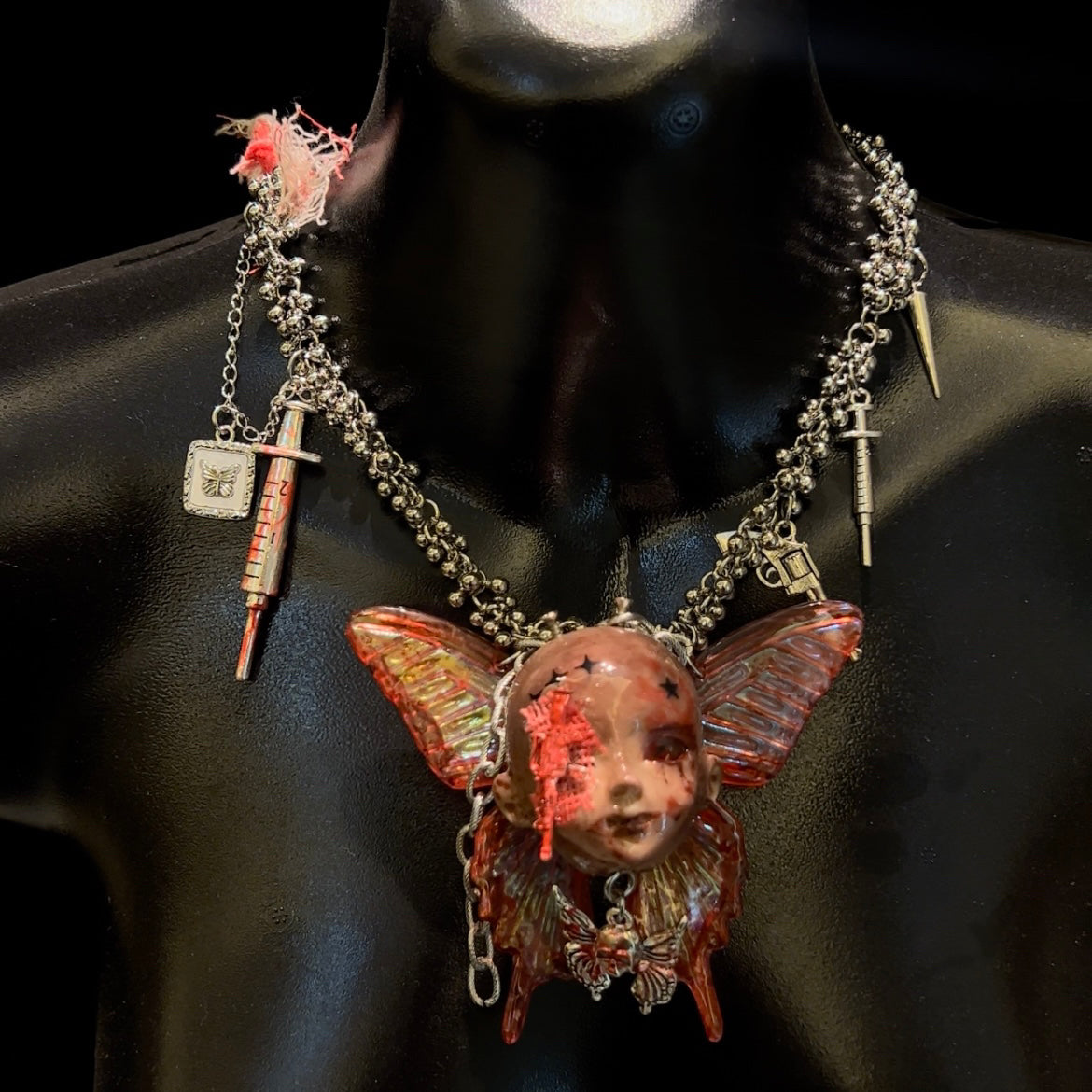 Big Butterfly Gothic Dark Doll Head Necklace