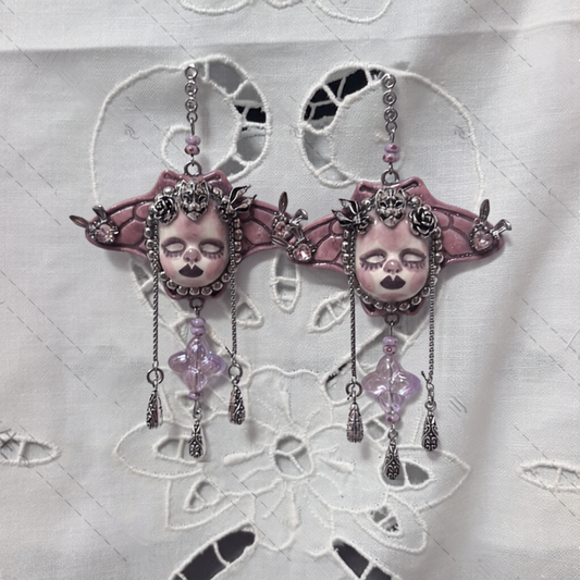 Pastel Goth Dusty Pink Creepy Doll Face Earring