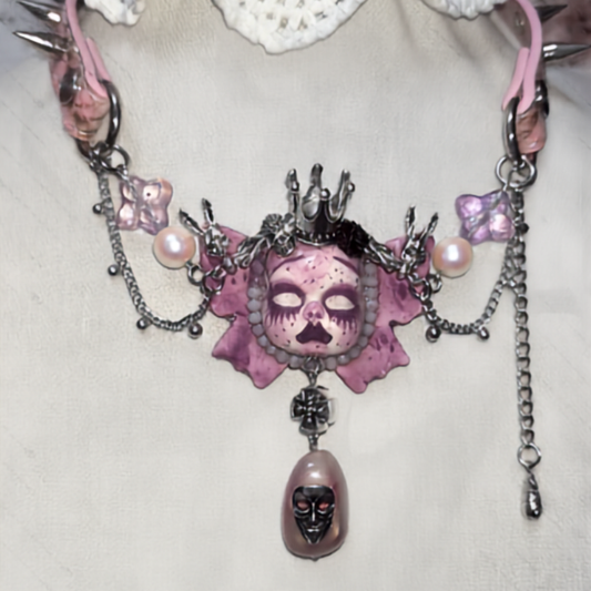 Pastel Gothic Spiked Pink Leather Crowned Doll Choker