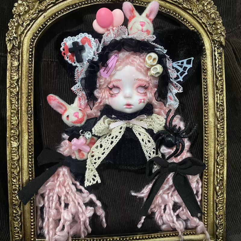 Pastel Pink And Black Spider Bunny Gothic Art Doll Brooch