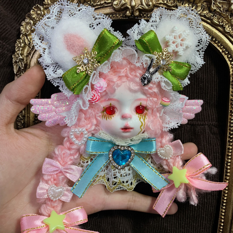 Pink Curly Braids And Olive Ribbon Winged Art Doll Brooch