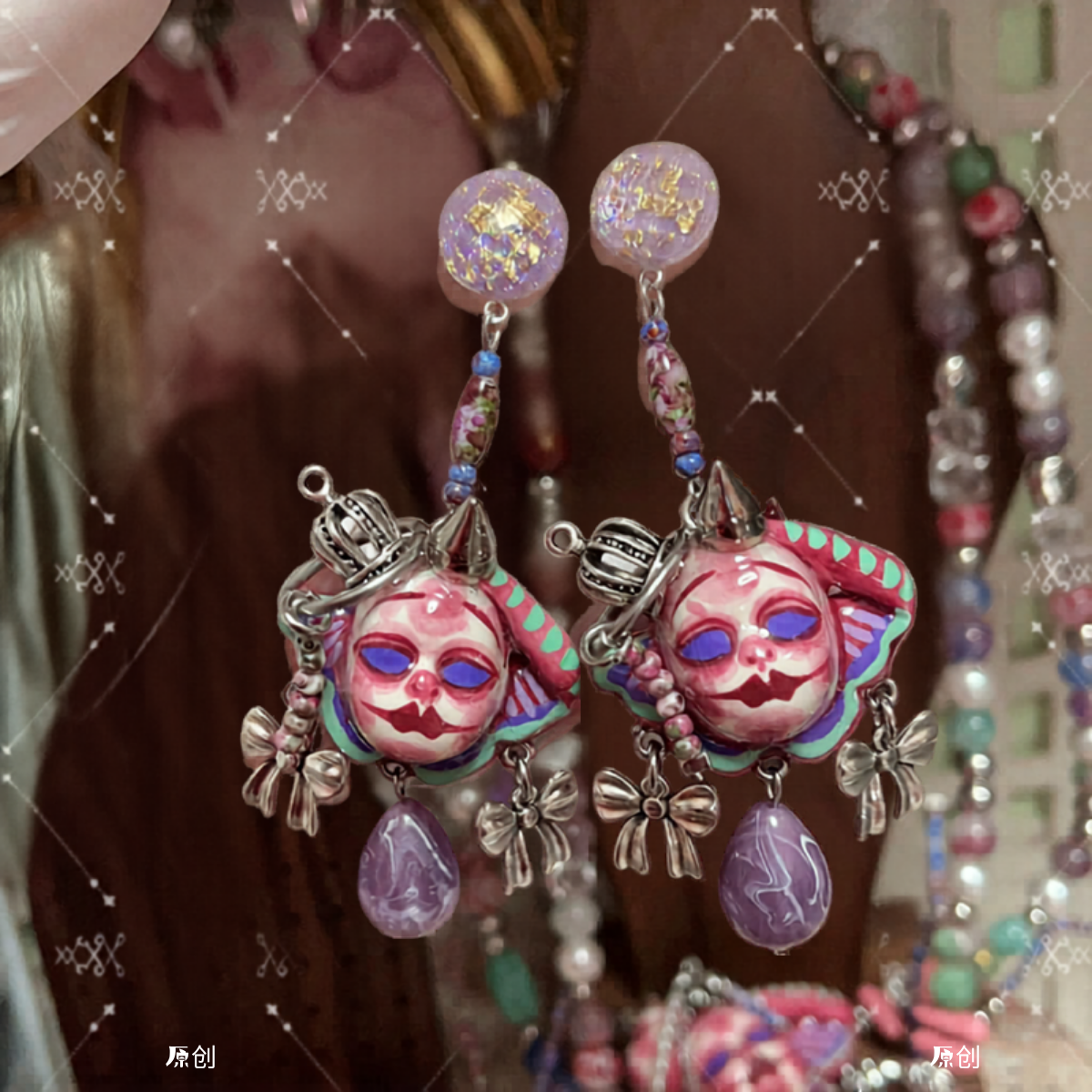 Purple Bow and Crown Doll Earrings