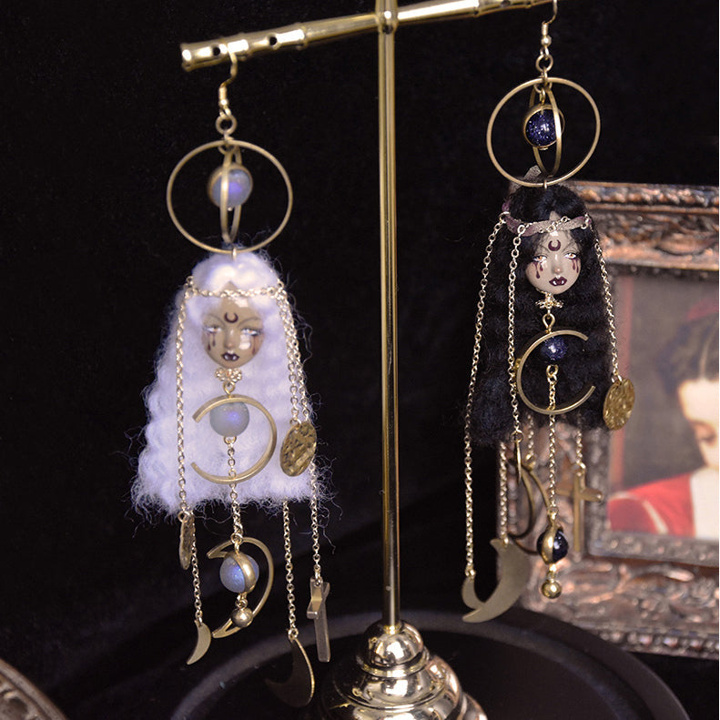 Handmade Wool Felt Moon Witch Doll Earrings