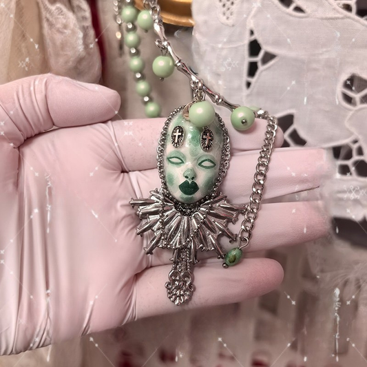 Sage Green Gothic Doll Face Mask Silver Ruff Collar Necklace