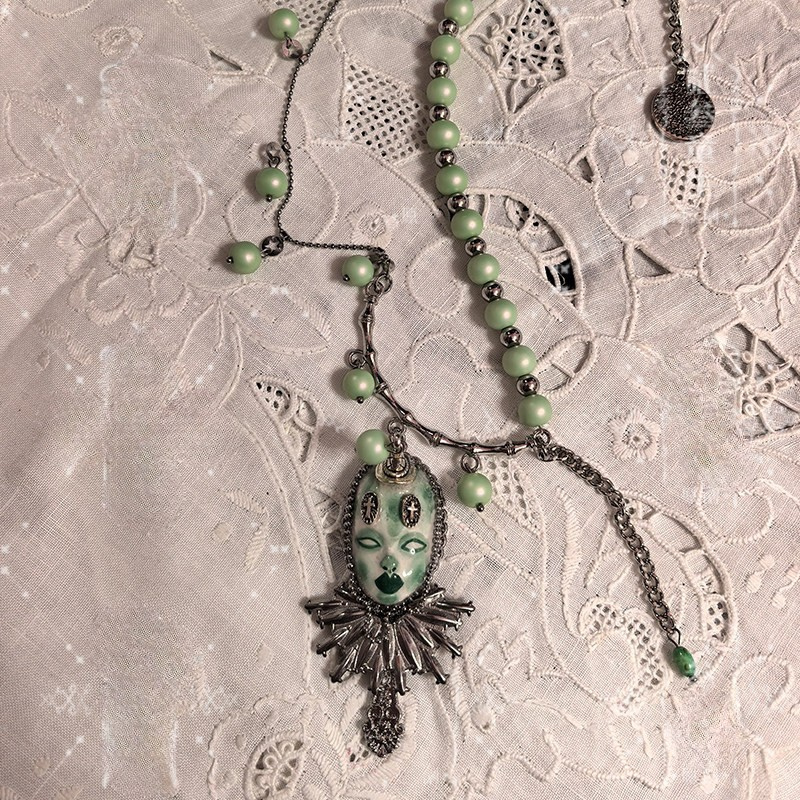 Sage Green Gothic Doll Face Mask Silver Ruff Collar Necklace