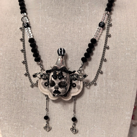The Silent Carnival Black & White Striped Hat Clown Necklace