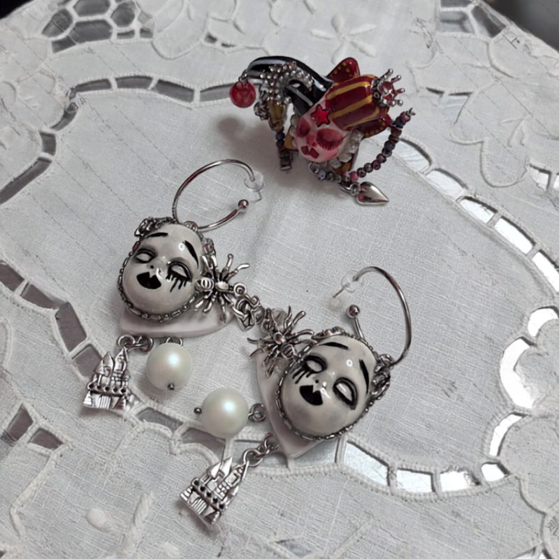 White Crying Doll Spider Castle Dangle Earring