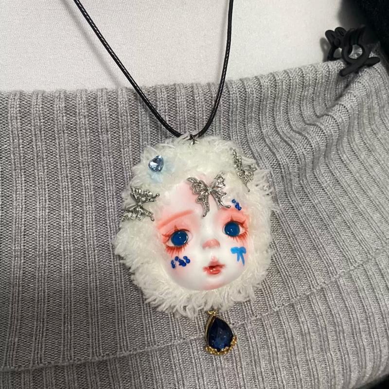 White Fluffy Hair And Blue Gem Butterfly Art Doll Necklace