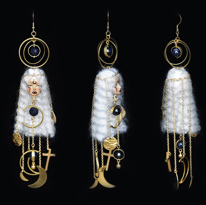 Handmade Wool Felt Moon Witch Doll Earrings