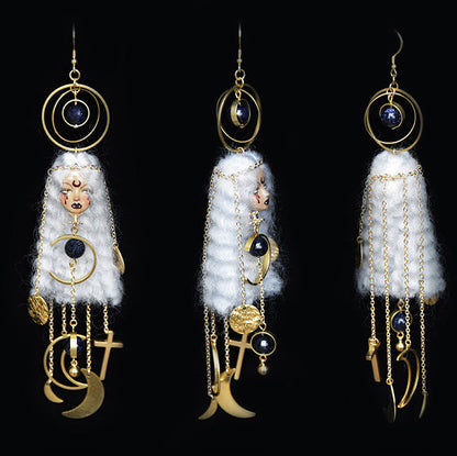Handmade Wool Felt Moon Witch Doll Earrings