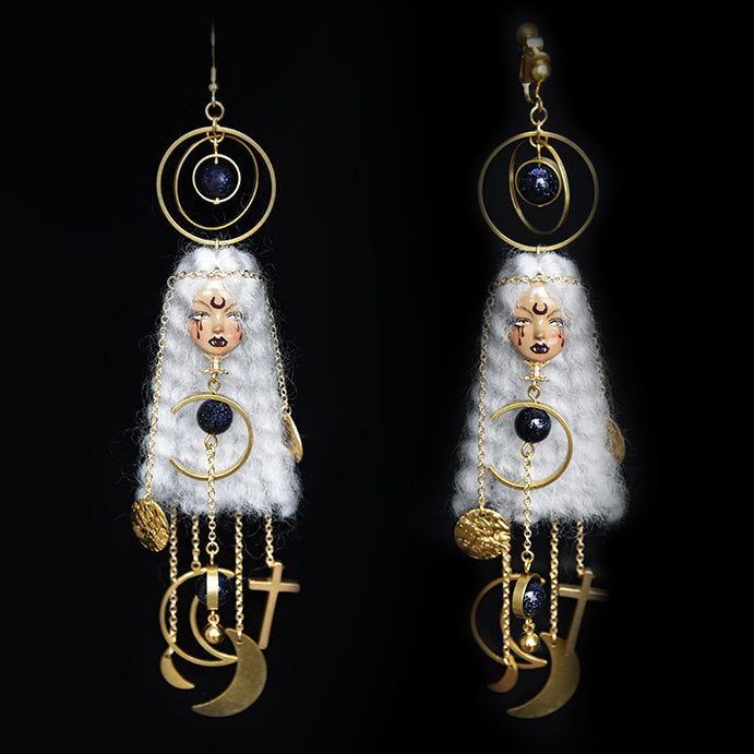 Handmade Wool Felt Moon Witch Doll Earrings