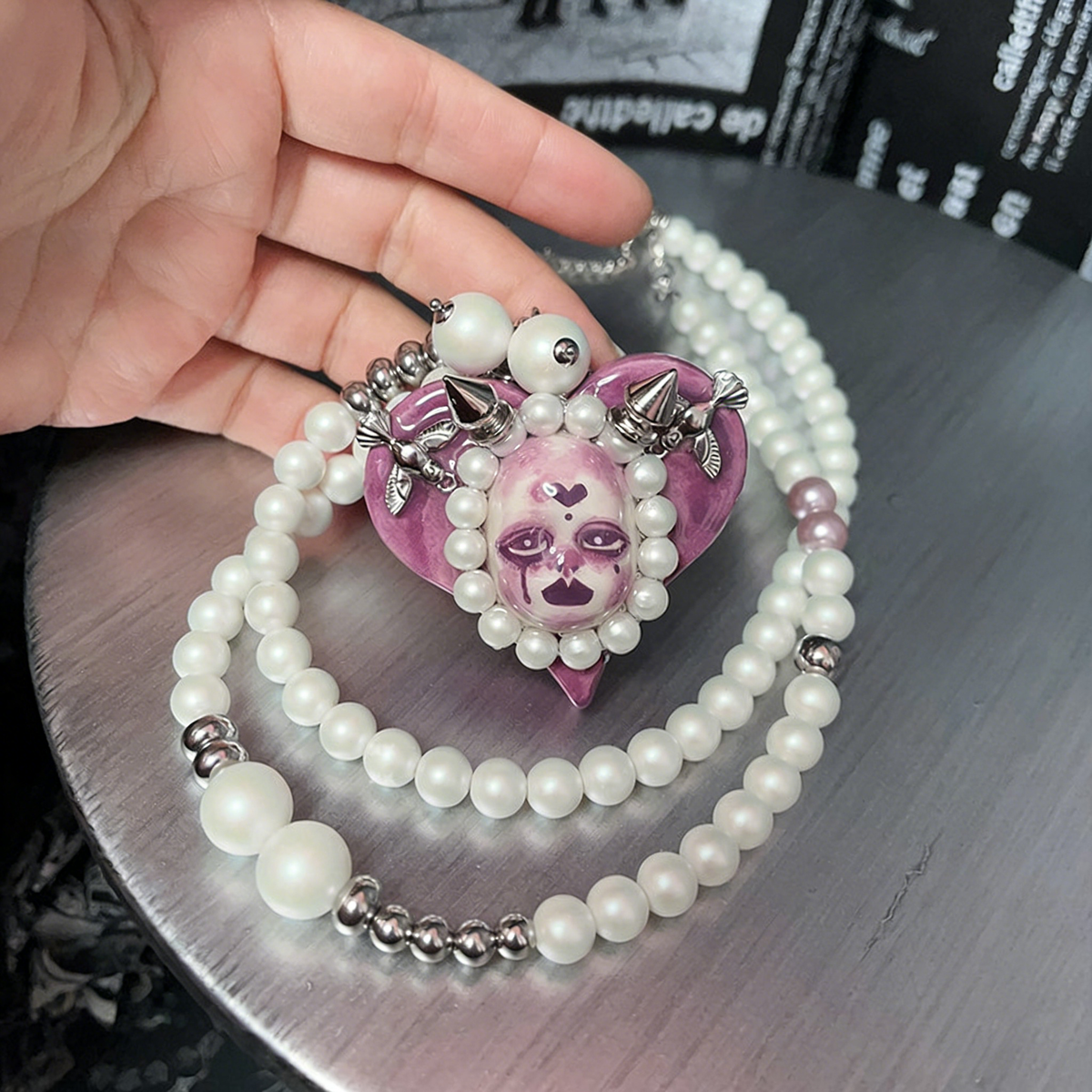 Violet Heart Pearl Nightmare Gothic Doll Necklace