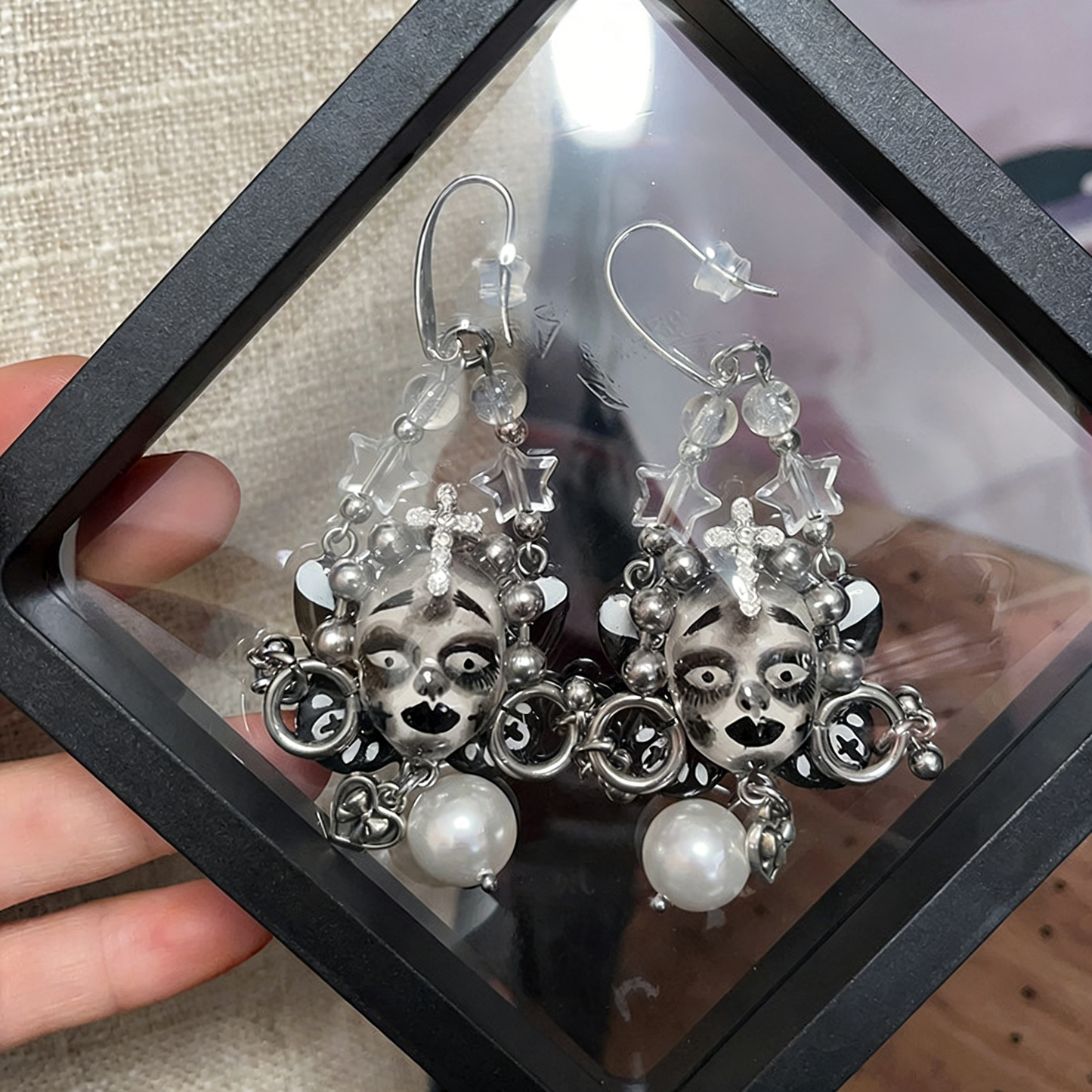 Black and White Cross Heart Freak Baby Earrings