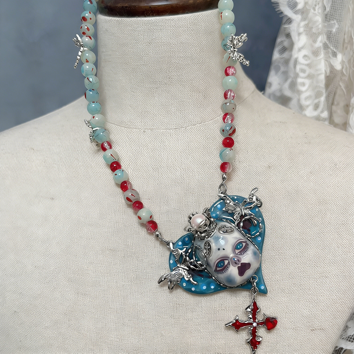 Blue Heart Puppet Gothic Doll Necklace